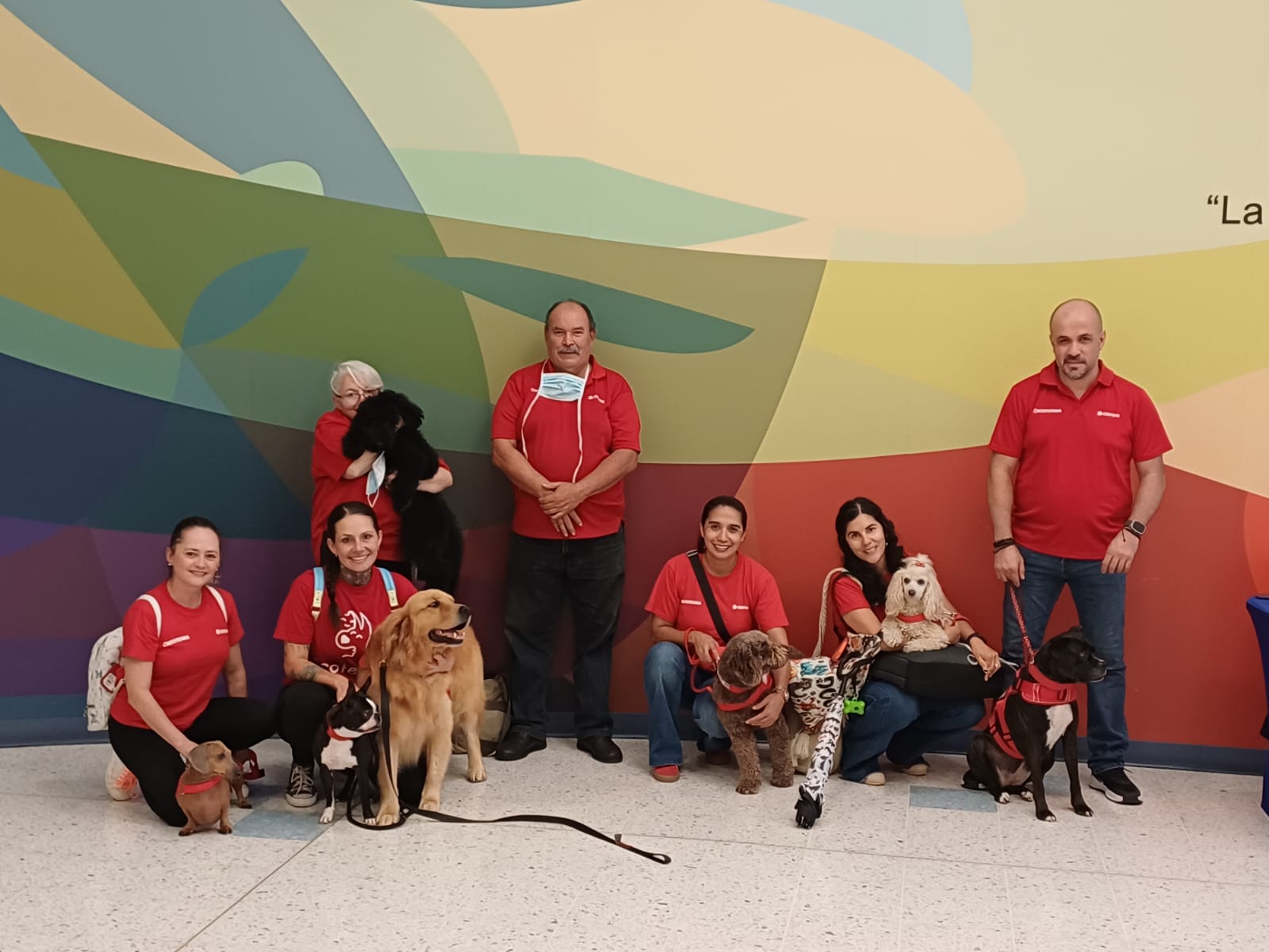 Equipo ACOTEAMA con perros terapeutas frente a mural colorido