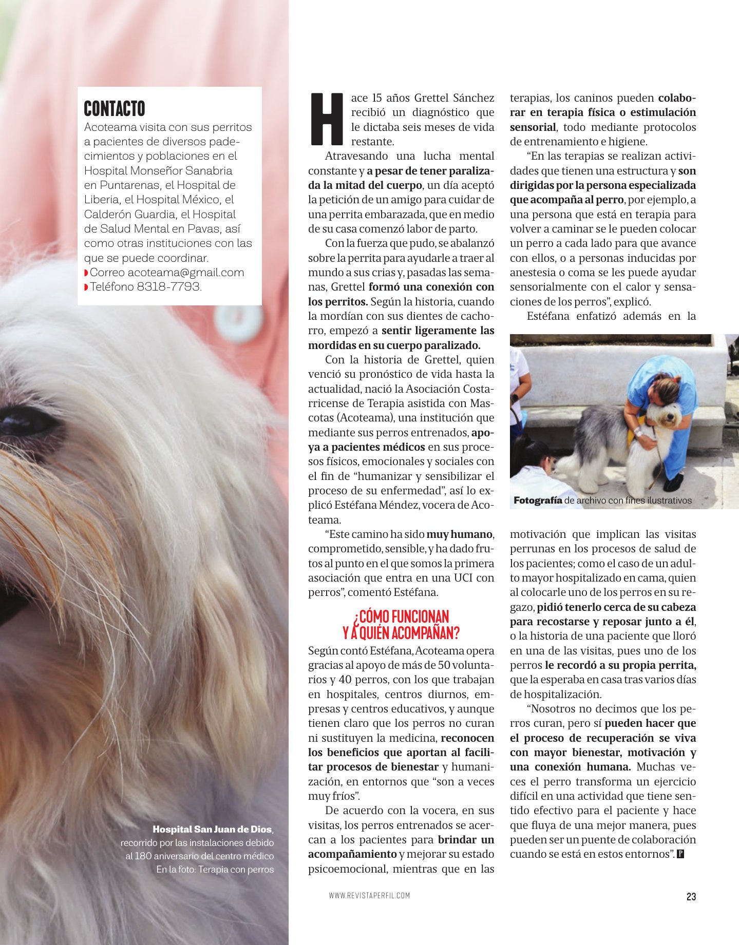 Revista Perfil, página 23: historia de ACOTEAMA, cómo funcionan las visitas y datos de contacto